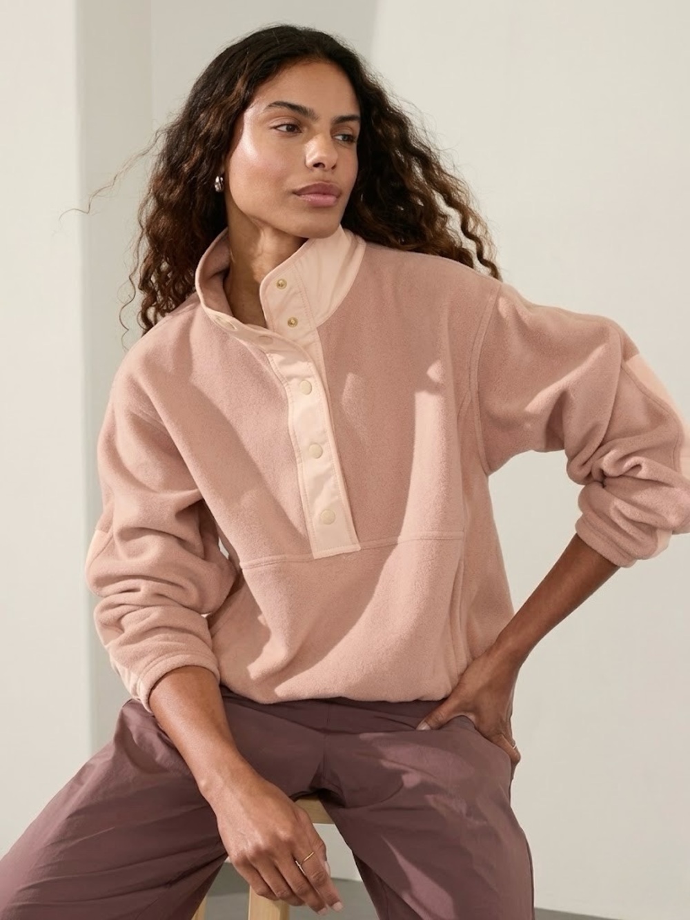 Athleta Overlook Microfleece Pullover Sweatshirt Sandstone Mock Neck Snap Small